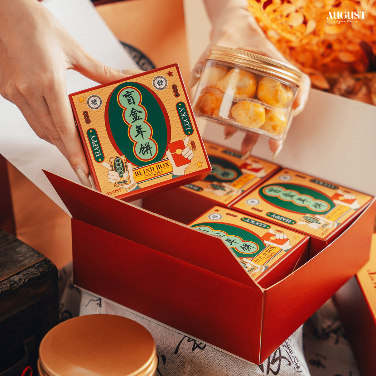 Best CNY cookies and goodies in Singapore, featuring the Blind Box Giftset by August Signature for a festive surprise this Chinese New Year.