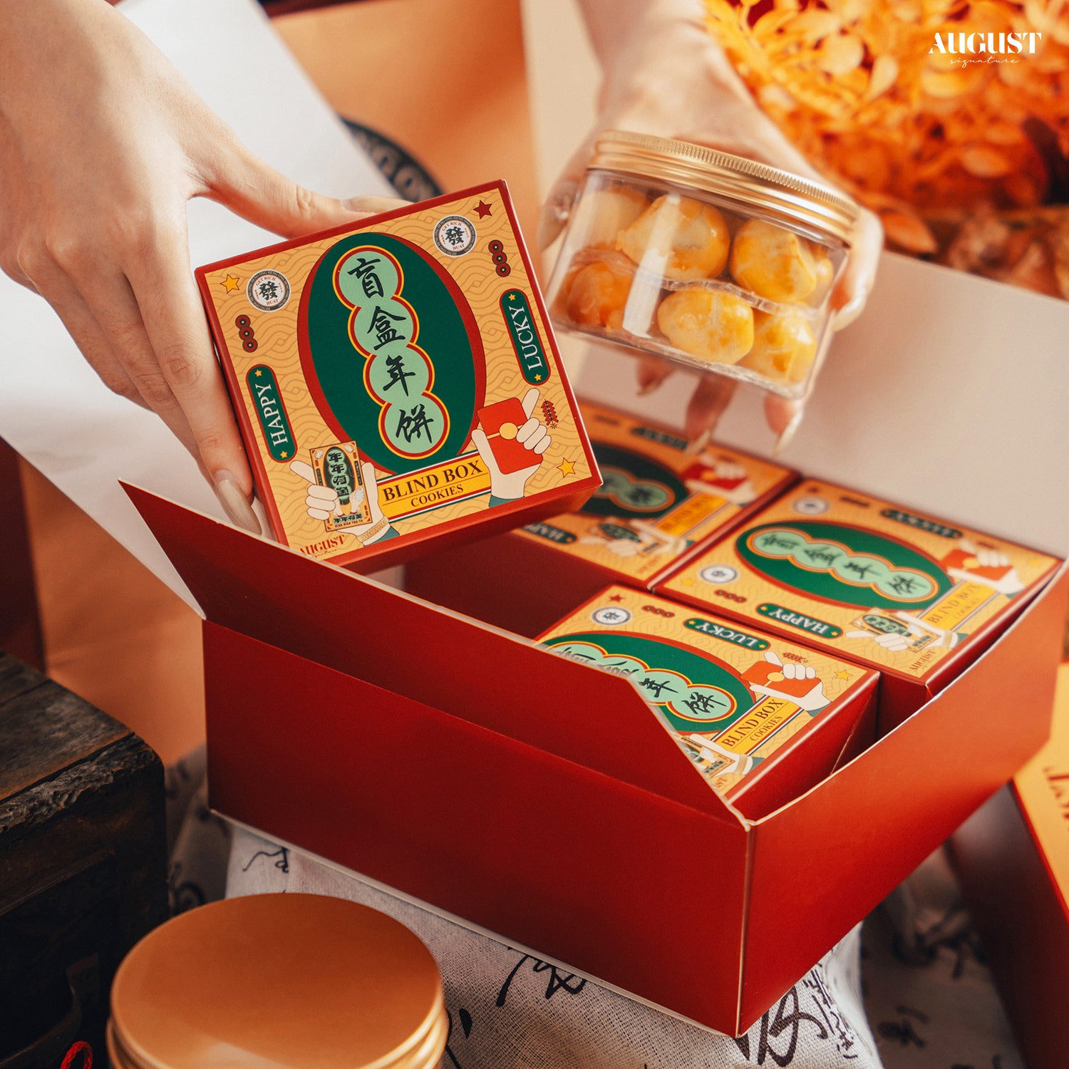 Best CNY cookies and goodies in Singapore, featuring the Blind Box Giftset by August Signature for a festive surprise this Chinese New Year.